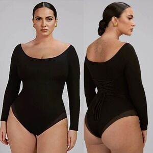 Ta3 Scoopy Boatneck Bodysuit XL Black Shaping On or Off Shoulder Snatched Lacing